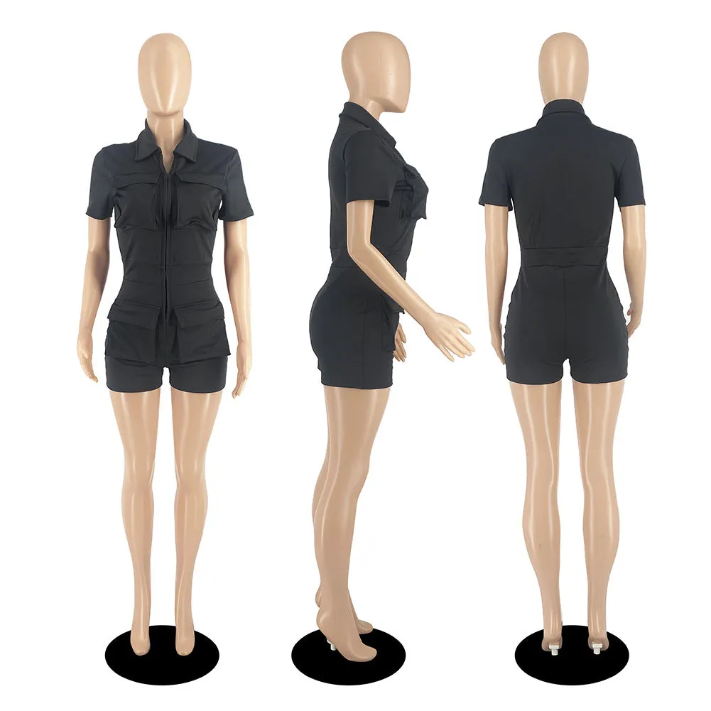 MB FASHION Short Sleeve Utility Romper with Pockets and Front Zipper 8166LY