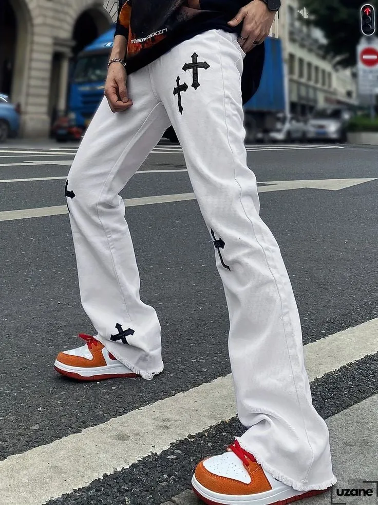 Mens Aesthetic Cross Print High Street Hip Hop Fashion With Tone Straight Fit Baggy White Denim Jeans