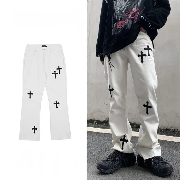 Mens Aesthetic Cross Print High Street Hip Hop Fashion With Tone Straight Fit Baggy White Denim Jeans