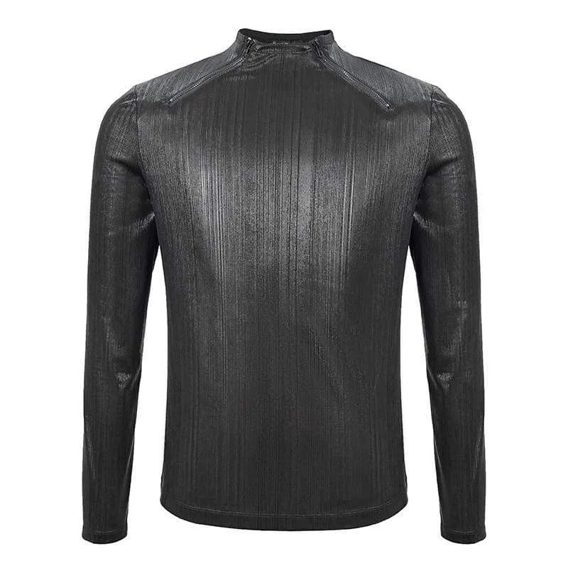 Men's Gothic Punk Zipper Neckline Glossy Shirt Black