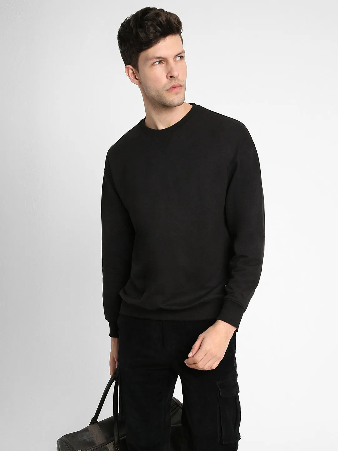 Men's Mock Neck Relaxed Fit Solid Black Sweatshirt