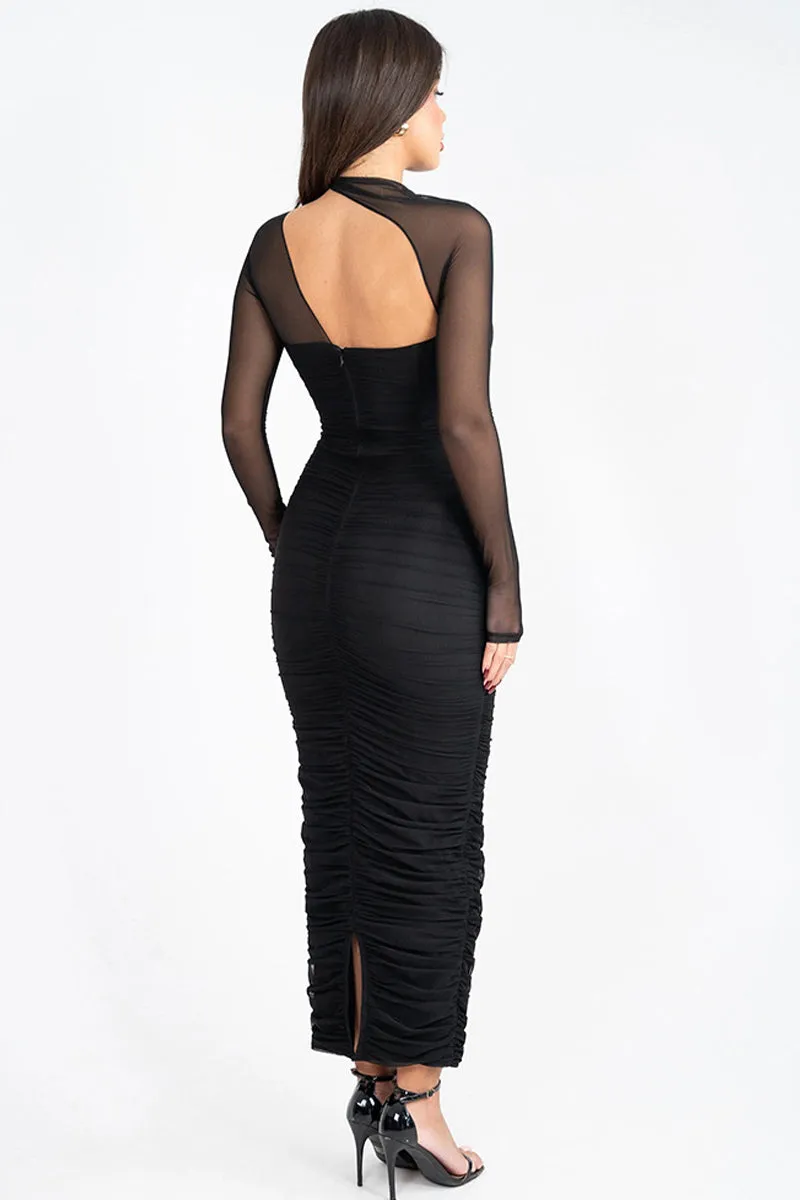 Mesh One Shoulder Long Sleeve Backless Ruched Dress