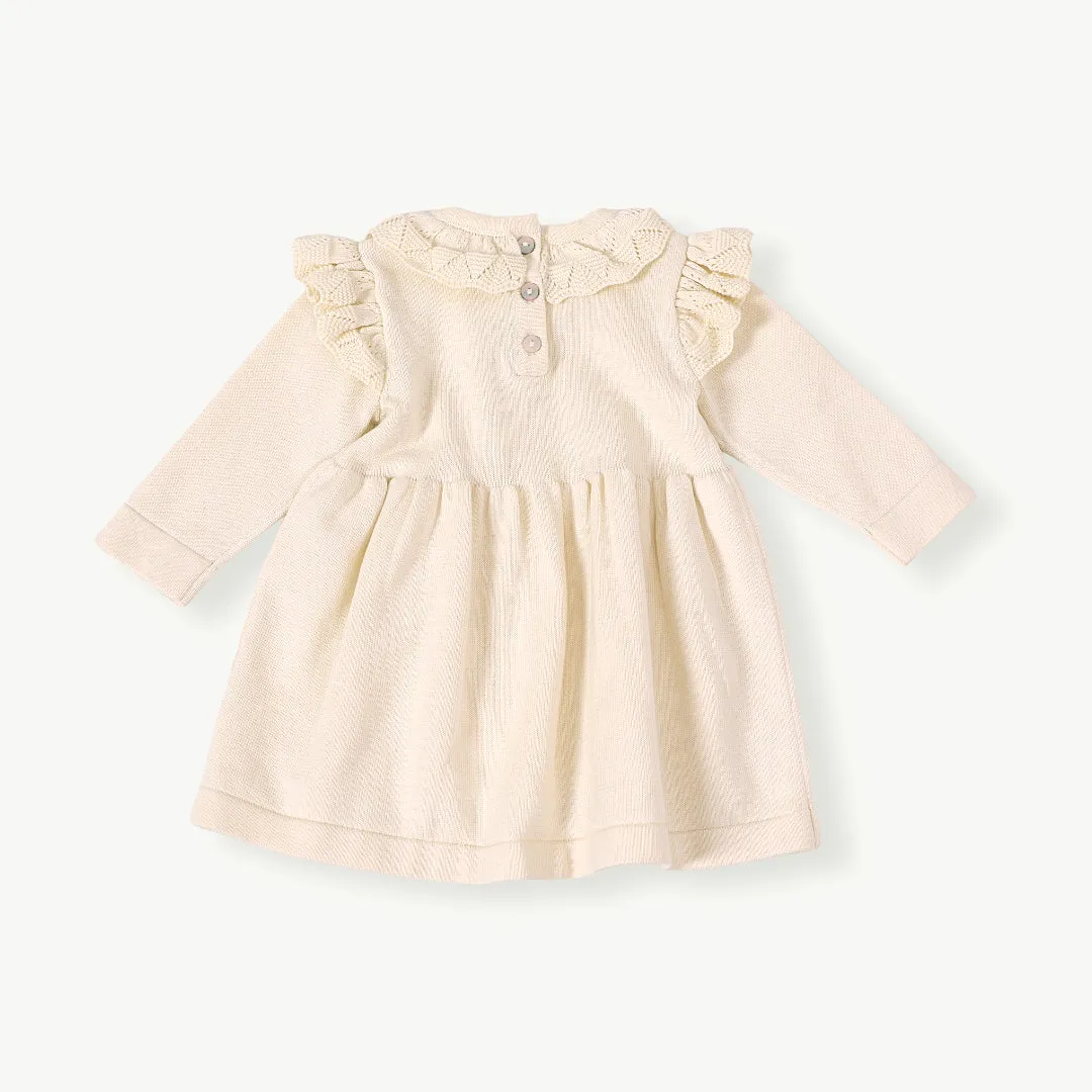 Milan Ruffle Collar Pointelle Knit Baby Sweater Dress (Organic Cotton)