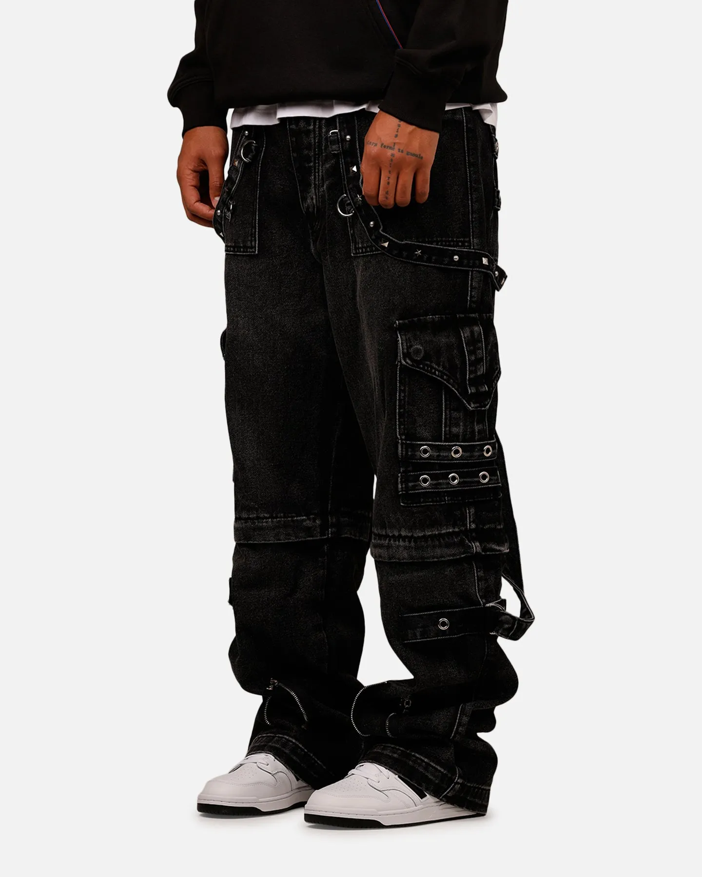 MNML Ultra Baggy Studd Cargo Denim Pants Black