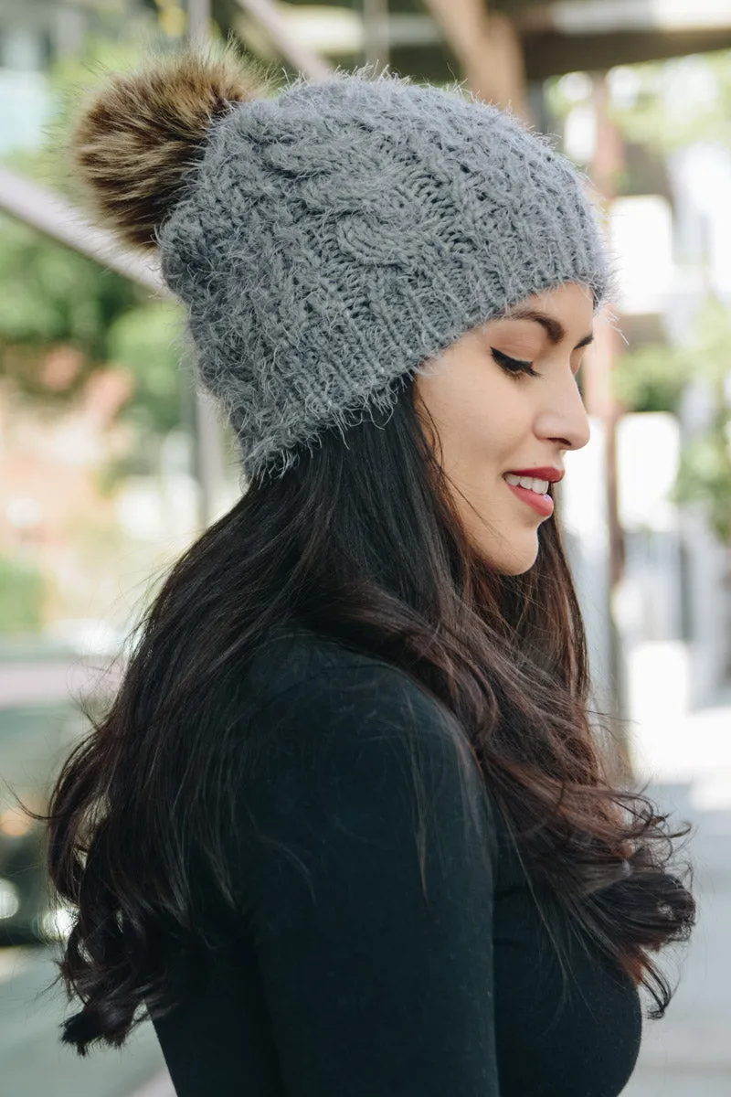 Mohair Fur Knit Pom Beanie