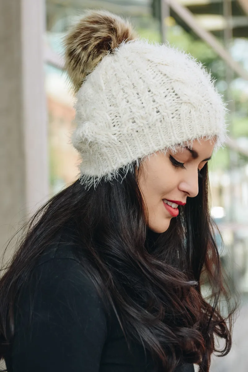 Mohair Fur Knit Pom Beanie