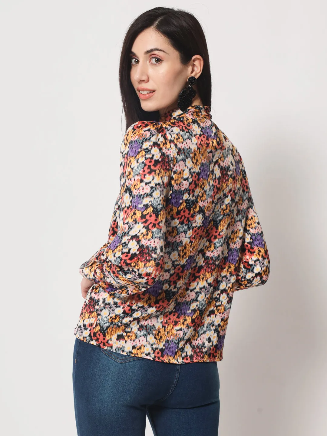 Multicoloured Floral Print Keyhole Neck Satin Top