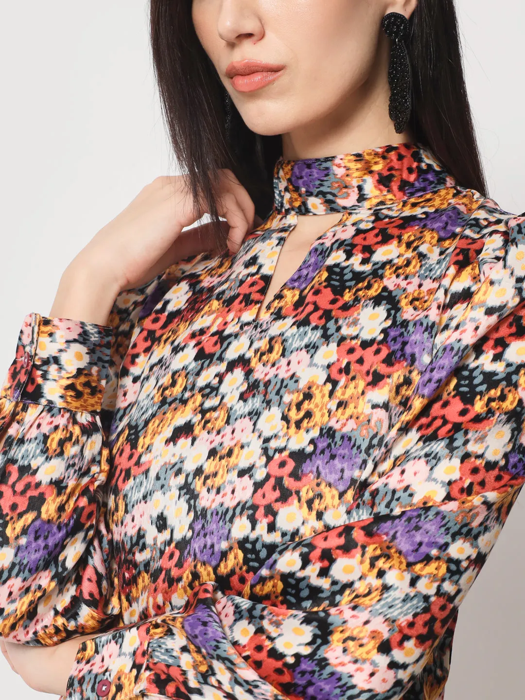 Multicoloured Floral Print Keyhole Neck Satin Top