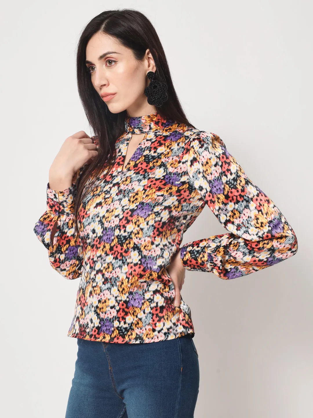 Multicoloured Floral Print Keyhole Neck Satin Top