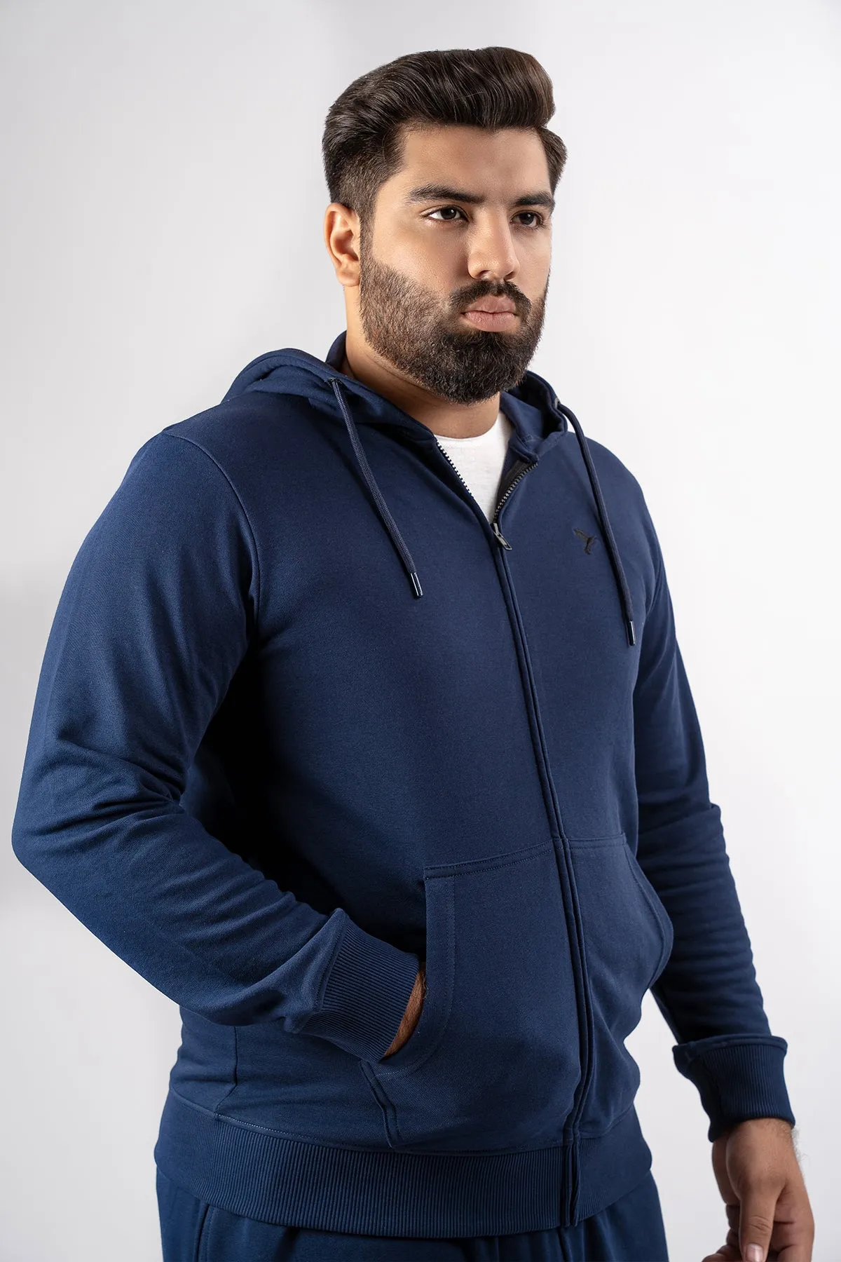 Navy Blue Embroidered Zipper Hoodie (Plus Size) - S24 - MH0093P