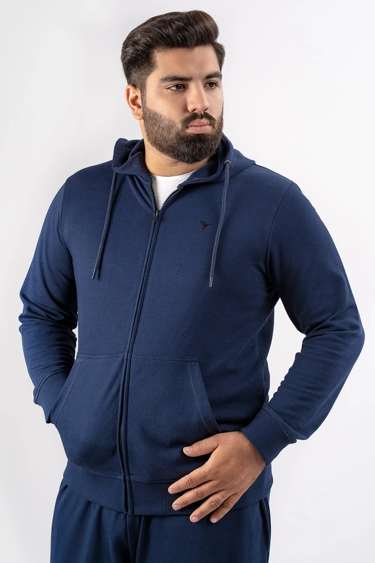 Navy Blue Embroidered Zipper Hoodie (Plus Size) - S24 - MH0093P