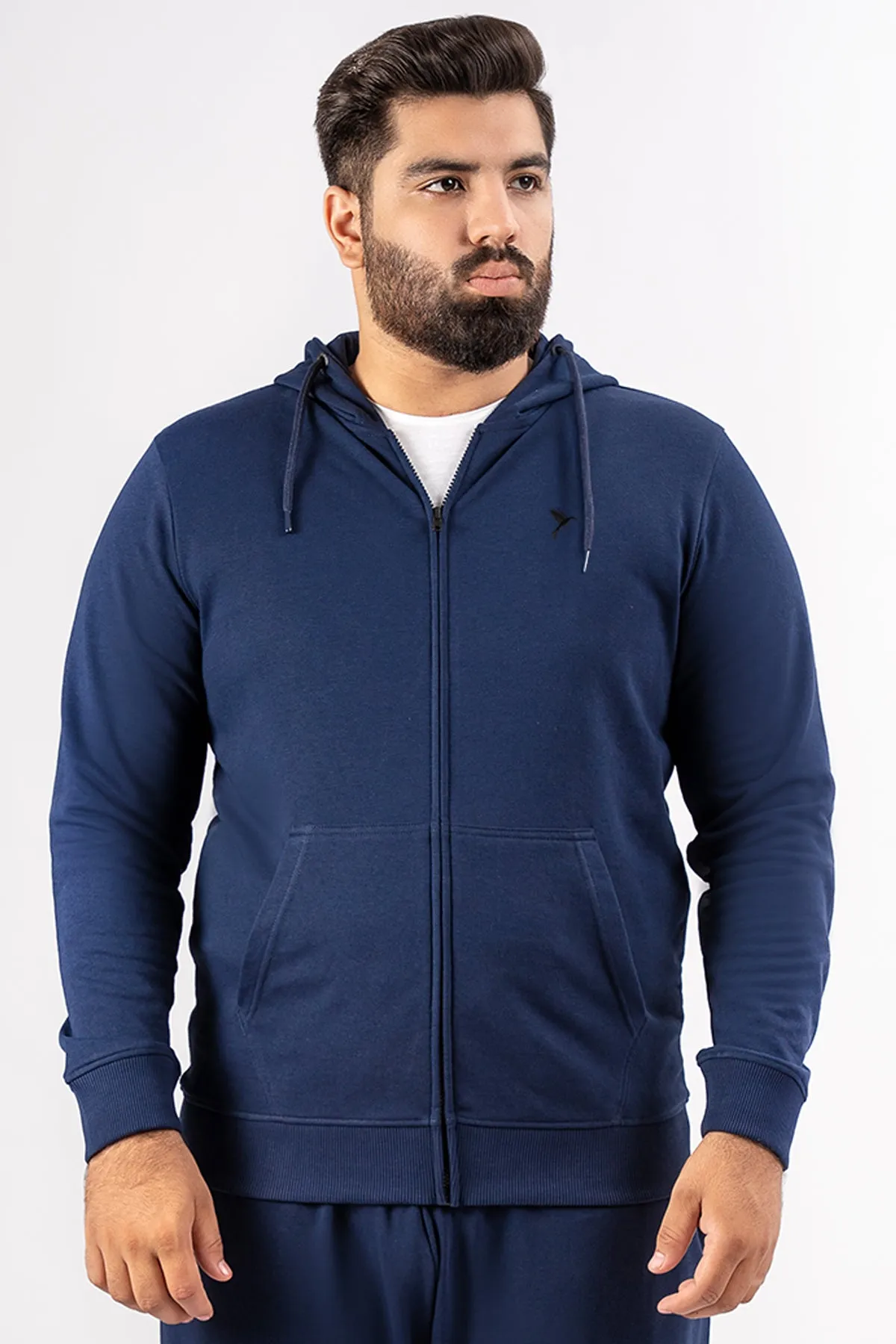 Navy Blue Embroidered Zipper Hoodie (Plus Size) - S24 - MH0093P