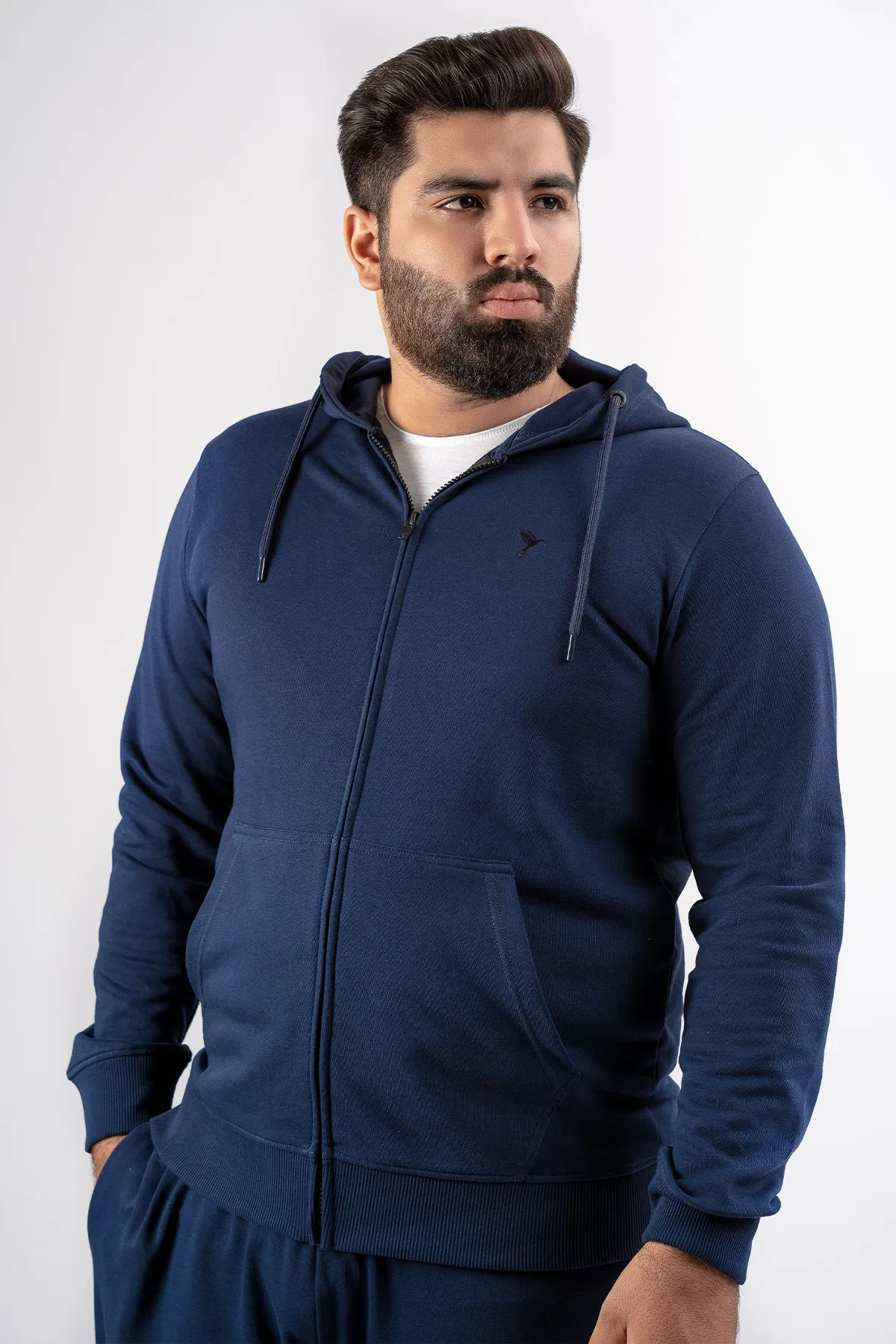 Navy Blue Embroidered Zipper Hoodie (Plus Size) - S24 - MH0093P