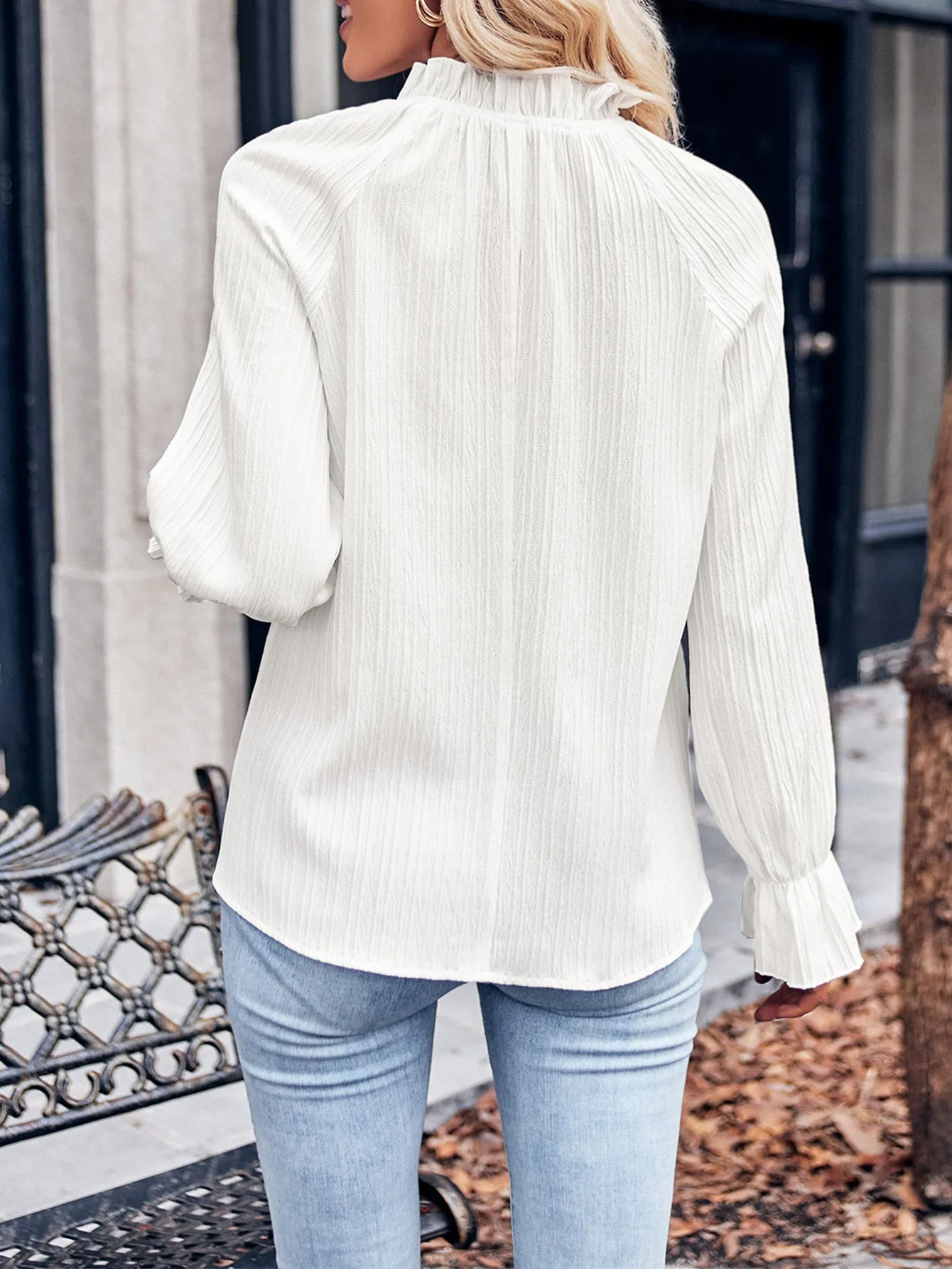 New Casual Solid Color Frilled Sleeve Trendy Slim Fit Blouse