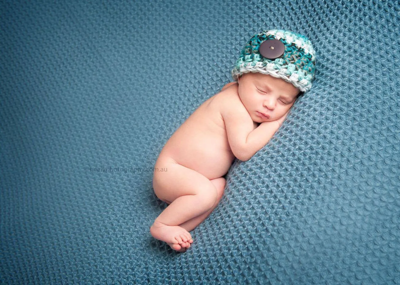 Newborn Button Hat Aqua Blue Black Gray White