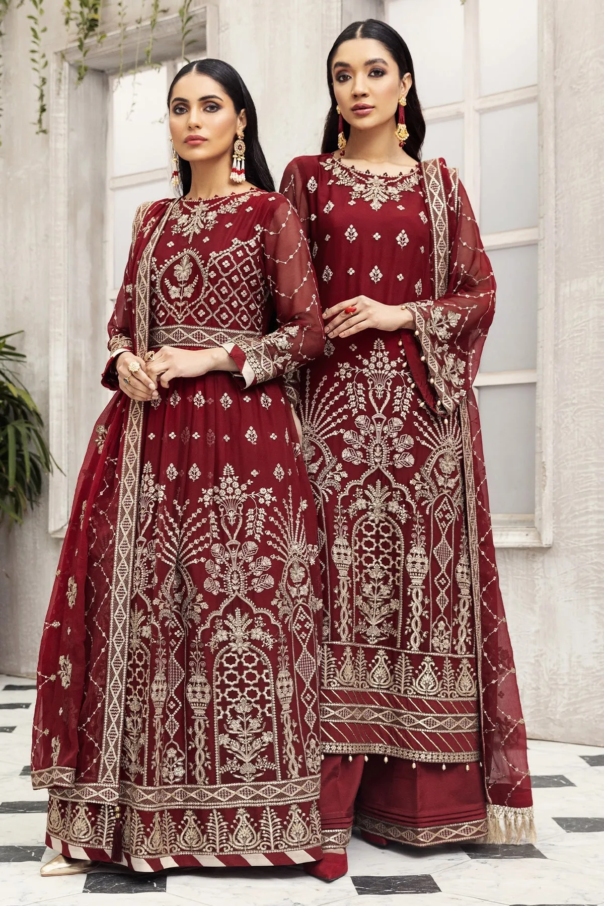 Party Wear Pakistani Maxi Dress in Maroon Shade #PF485