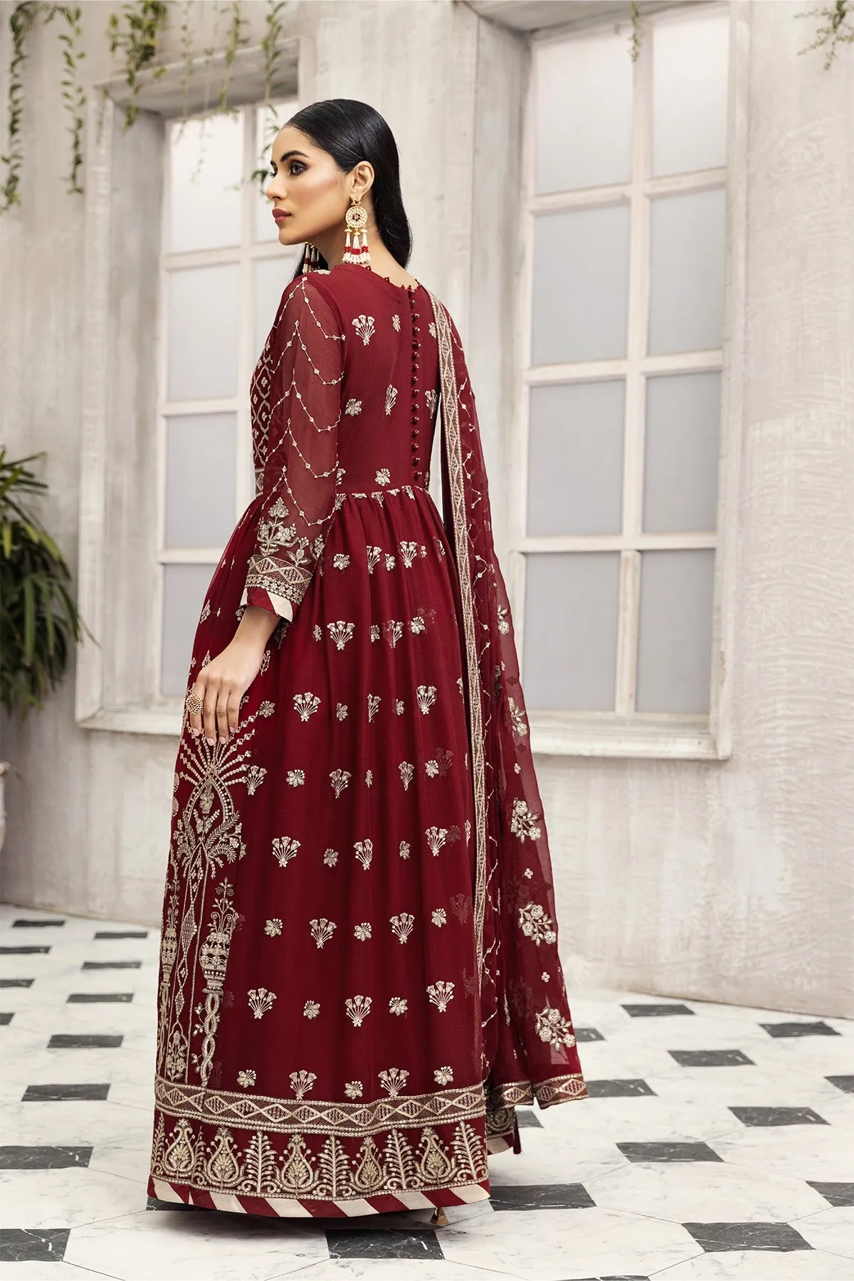 Party Wear Pakistani Maxi Dress in Maroon Shade #PF485