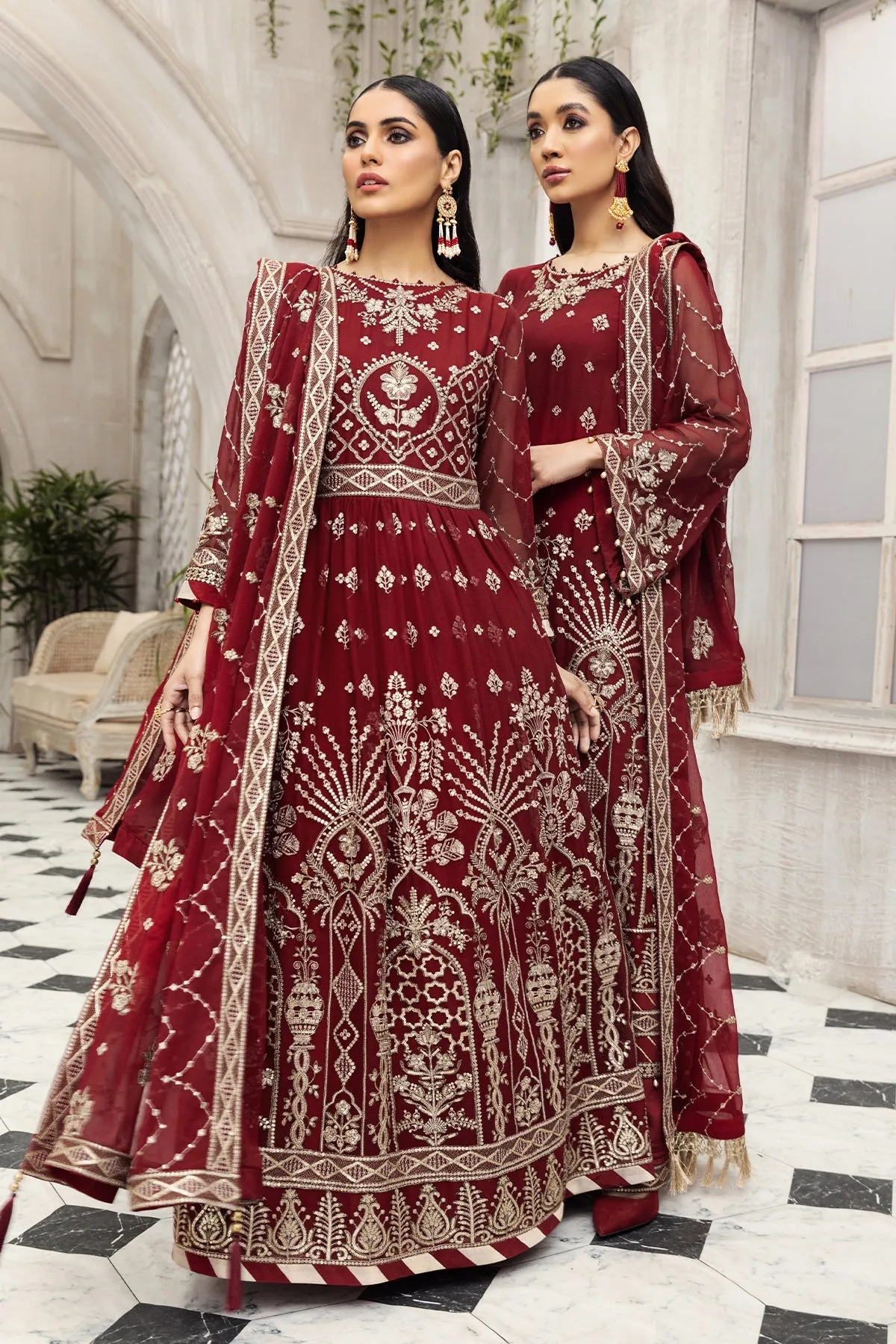 Party Wear Pakistani Maxi Dress in Maroon Shade #PF485