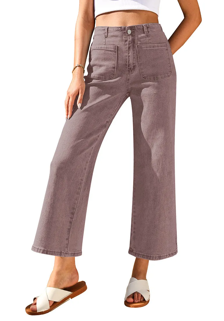 Pecan Brown Women's High Waisted Denim Wide Leg Jeans Pants Trouser