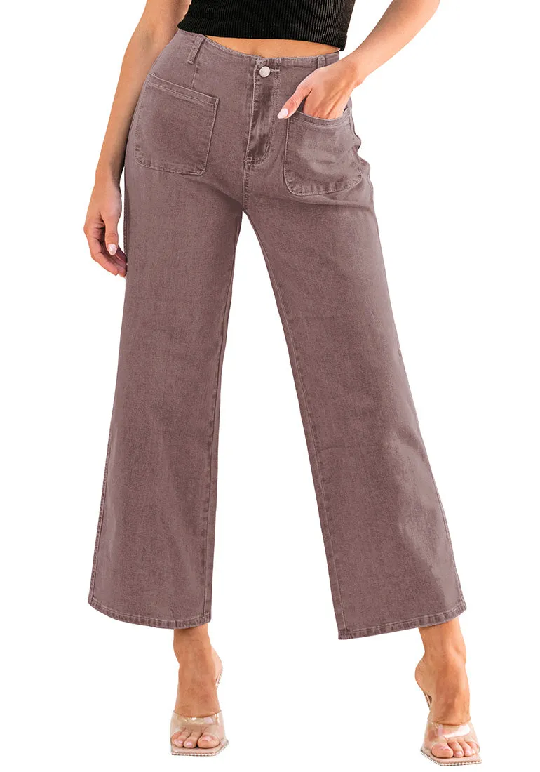 Pecan Brown Women's High Waisted Denim Wide Leg Jeans Pants Trouser