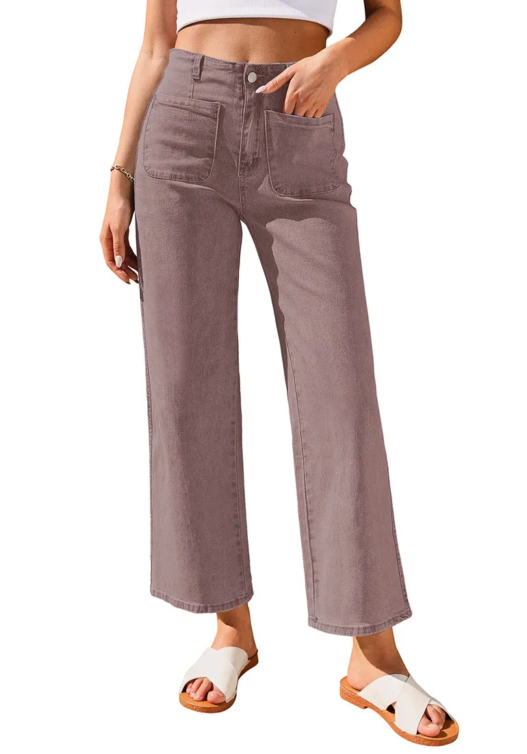 Pecan Brown Women's High Waisted Denim Wide Leg Jeans Pants Trouser