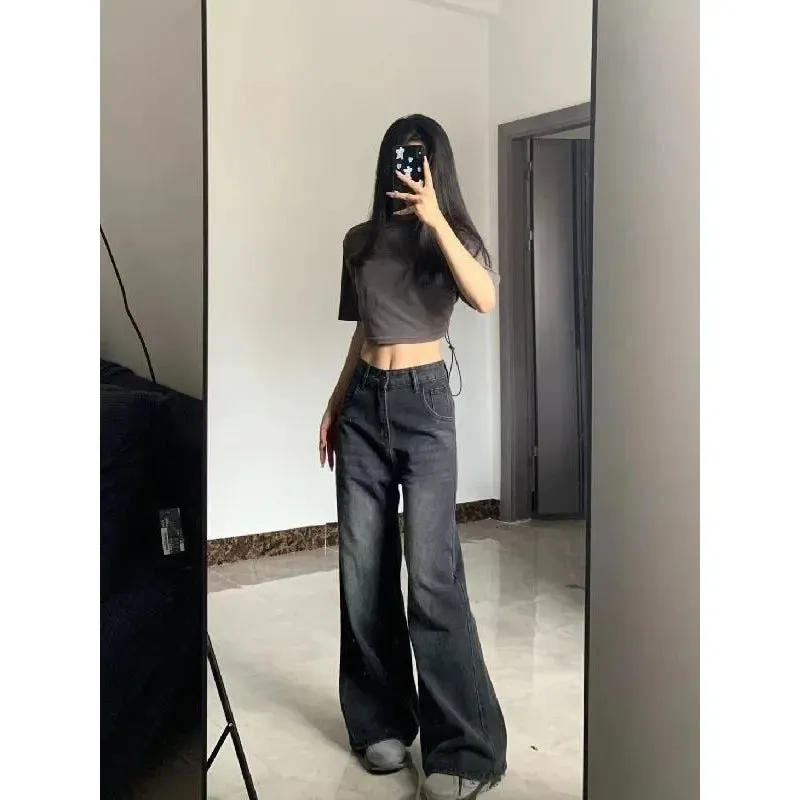 Petite High-Waisted Draped Straight-Leg Women's Loose-Fit Slimming Long Pants Vintage Versatile Style For All Seasons Jeans