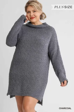 Plus Size Charcoal Grey High Cowl Neck Long Sleeve Sweater Mini Dress