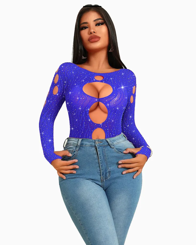 Rhinestone Fishnet Bodysuits Mesh Top