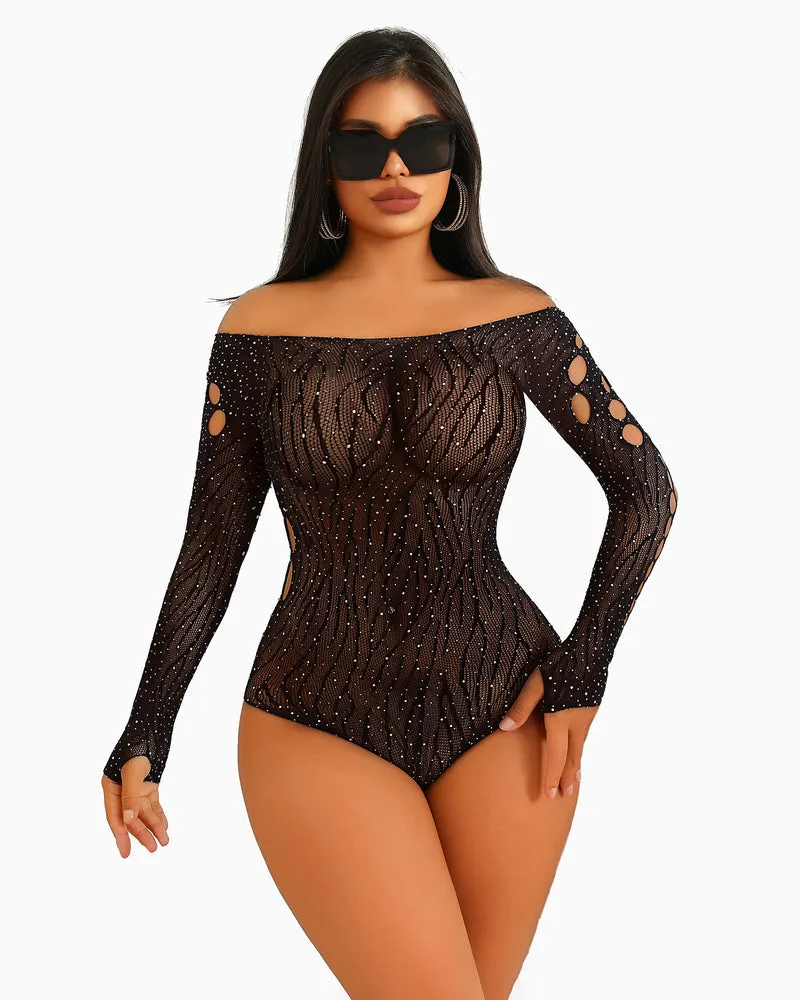 Rhinestone Fishnet Bodysuits Mesh Top