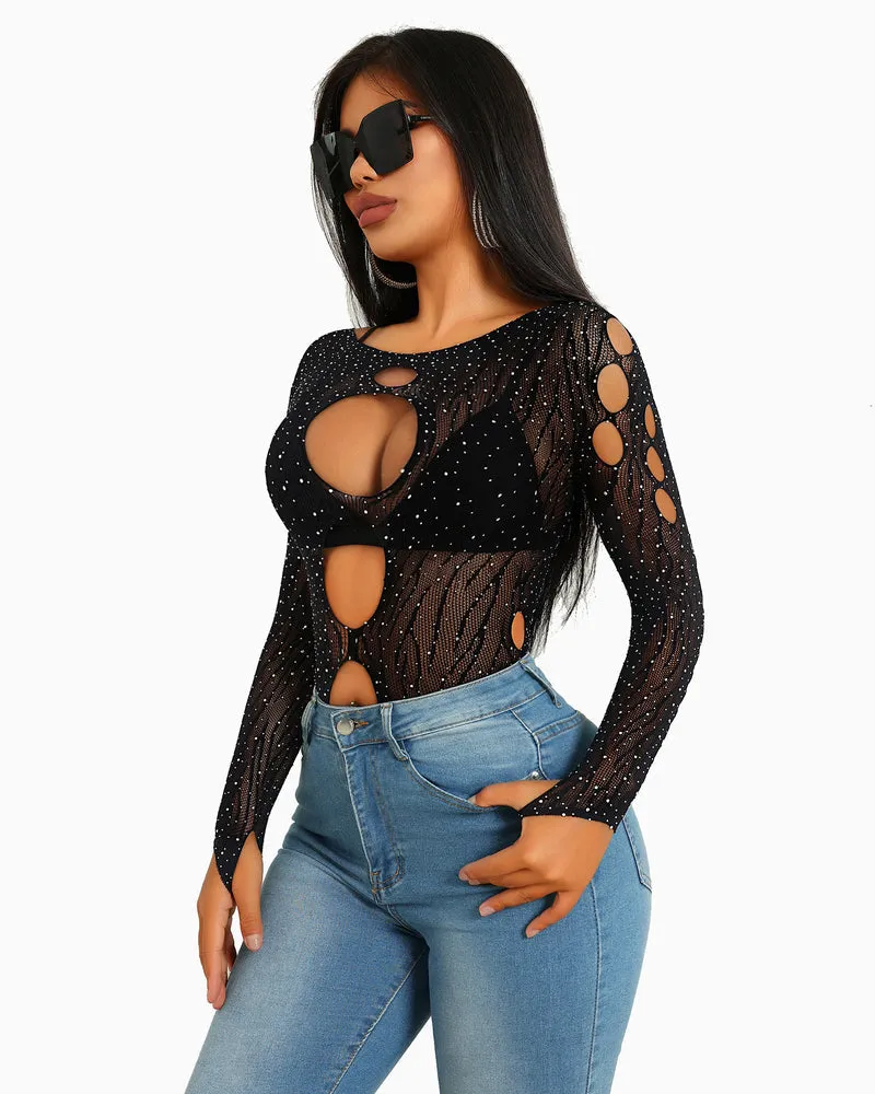 Rhinestone Fishnet Bodysuits Mesh Top