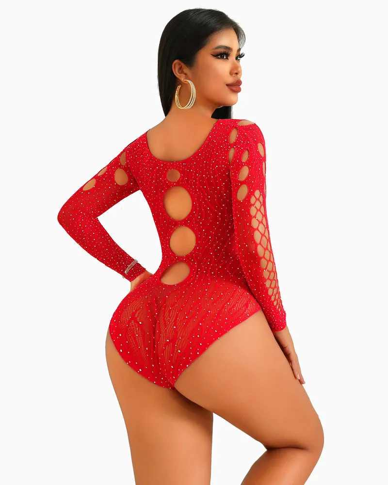 Rhinestone Fishnet Bodysuits Mesh Top