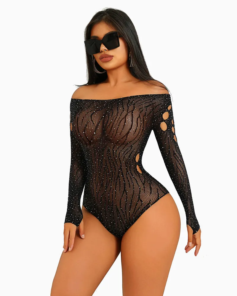 Rhinestone Fishnet Bodysuits Mesh Top