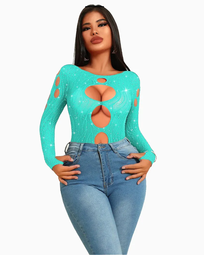 Rhinestone Fishnet Bodysuits Mesh Top