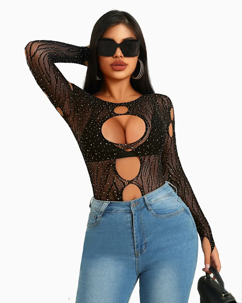 Rhinestone Fishnet Bodysuits Mesh Top