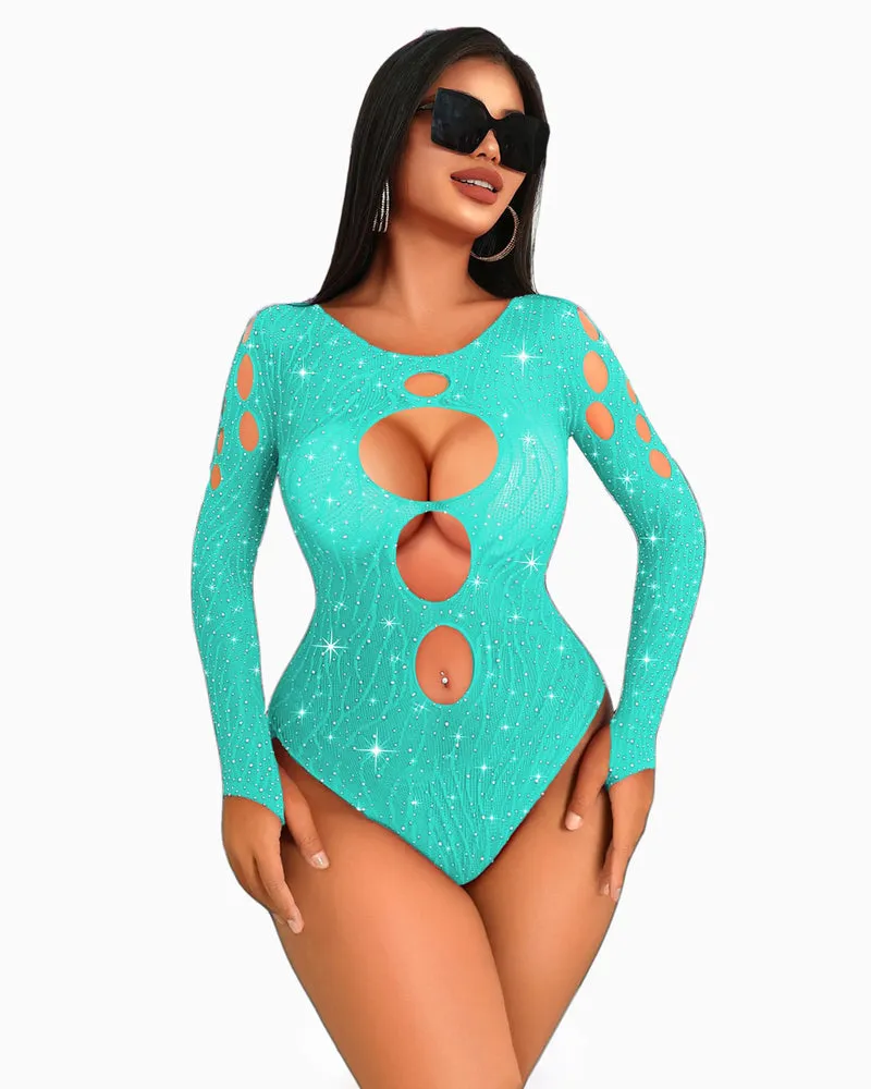 Rhinestone Fishnet Bodysuits Mesh Top