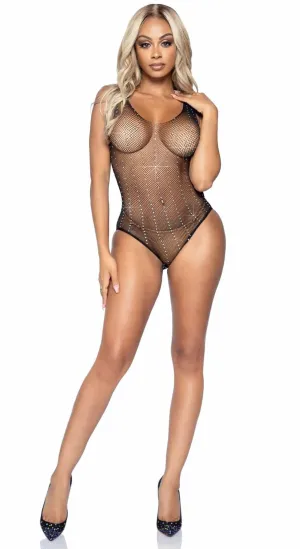 Rhinestone Fishnet Snap Crotch Bodysuit