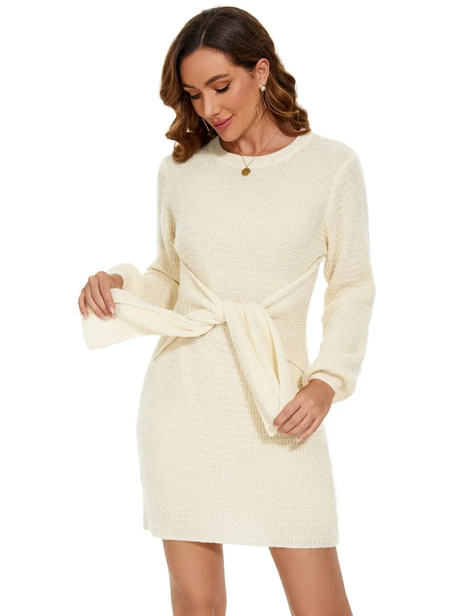 Ribbed Knit Tie Waist Long Sleeve Jumper Dress