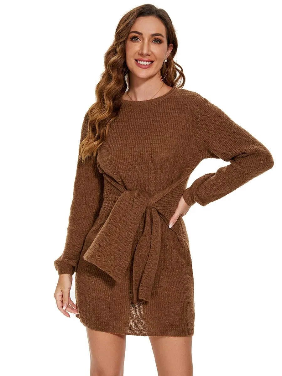 Ribbed Knit Tie Waist Long Sleeve Jumper Dress