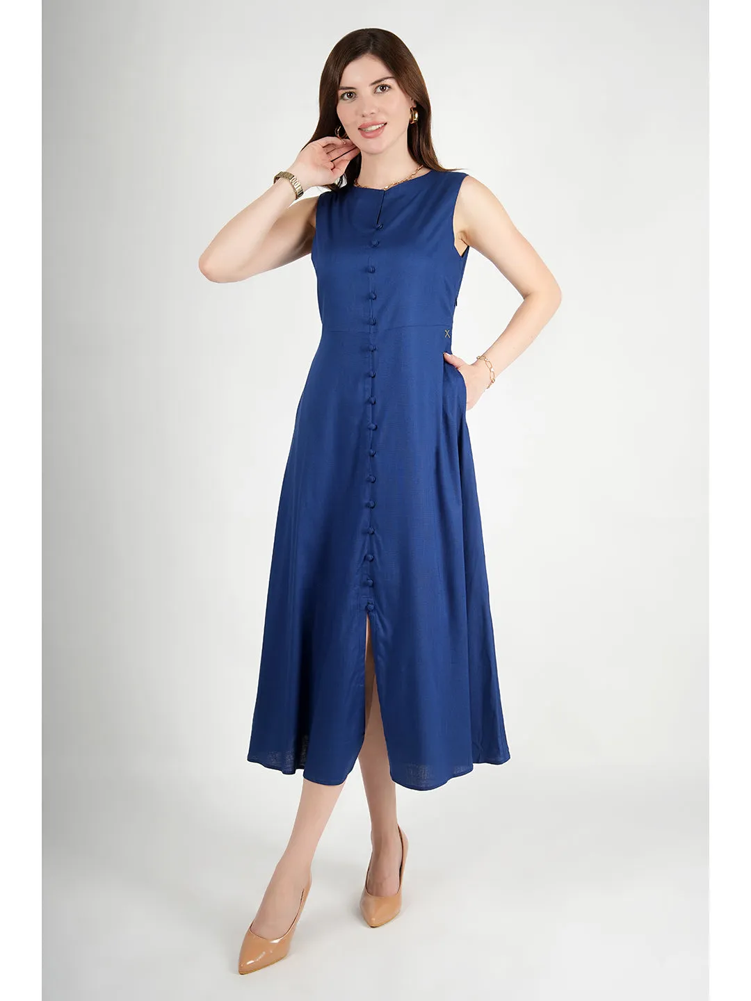 Royal Blue Rayon Glowing Front Button Dress