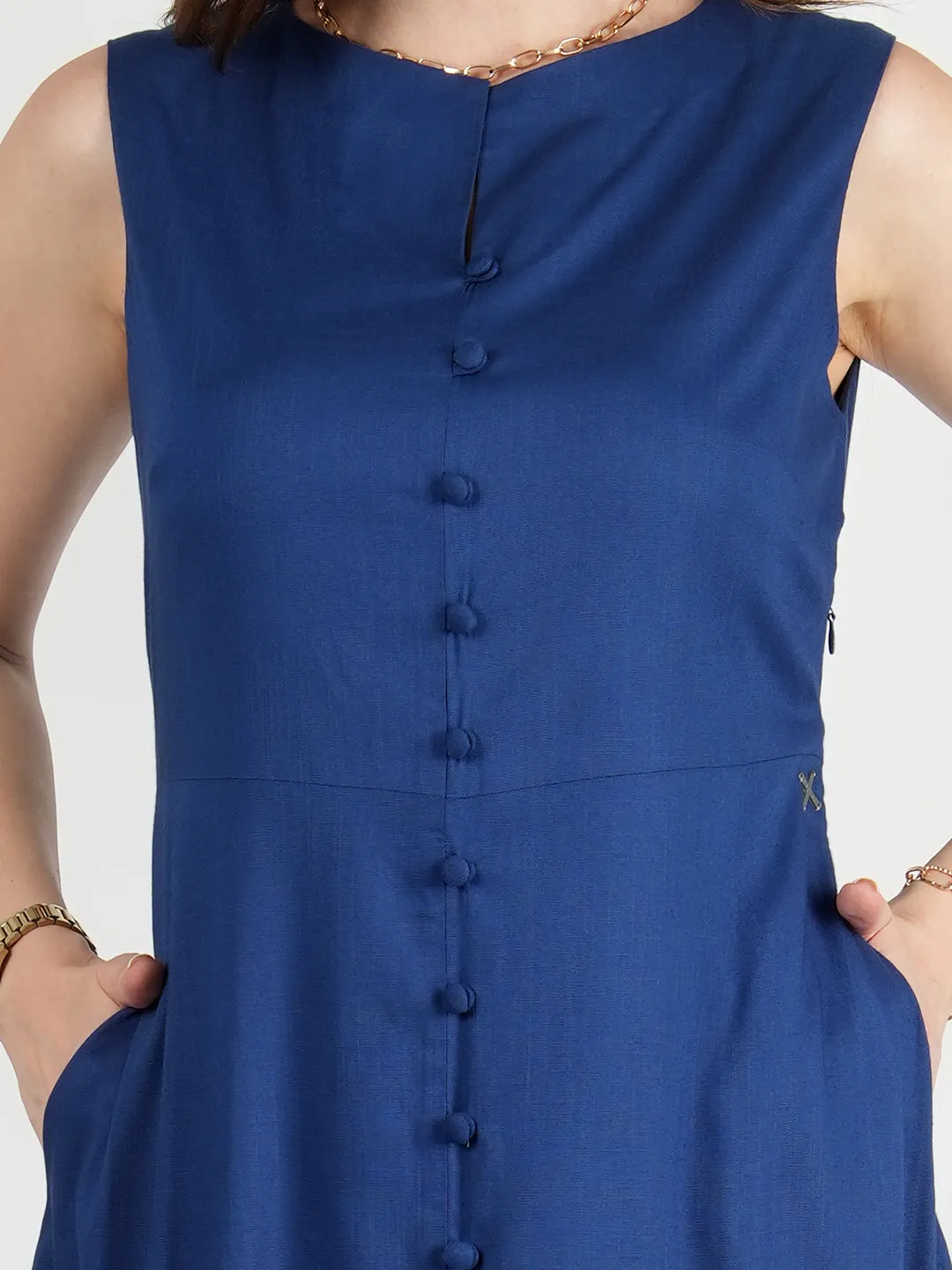 Royal Blue Rayon Glowing Front Button Dress