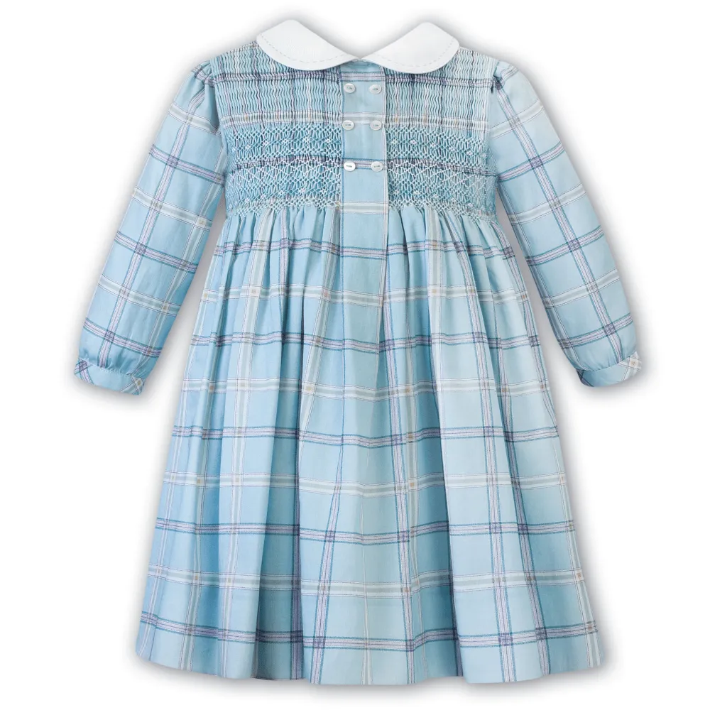 SARAH LOUISE -  Smocked Check Dress With Button Detail - Blue