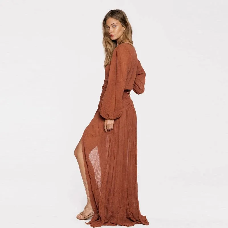 Simple loose sexy split V neck nice ruffle lady clothes long sleeve maxi bohemian clothing woman boho dress