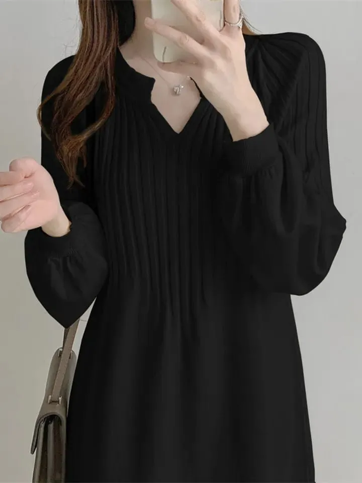 Solid Casual Knitted Dress Autumn Winter Women Large Size Loose V-Neck Mid-Calf Long Sleeve Pullover Sweater Dresses M 188791