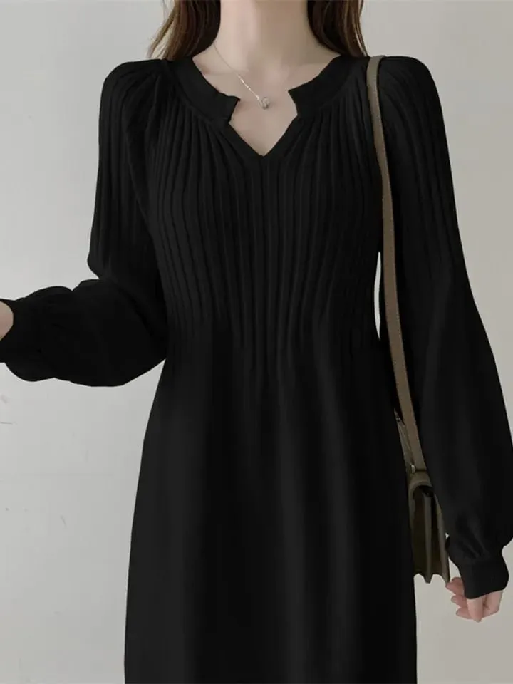 Solid Casual Knitted Dress Autumn Winter Women Large Size Loose V-Neck Mid-Calf Long Sleeve Pullover Sweater Dresses M 188791