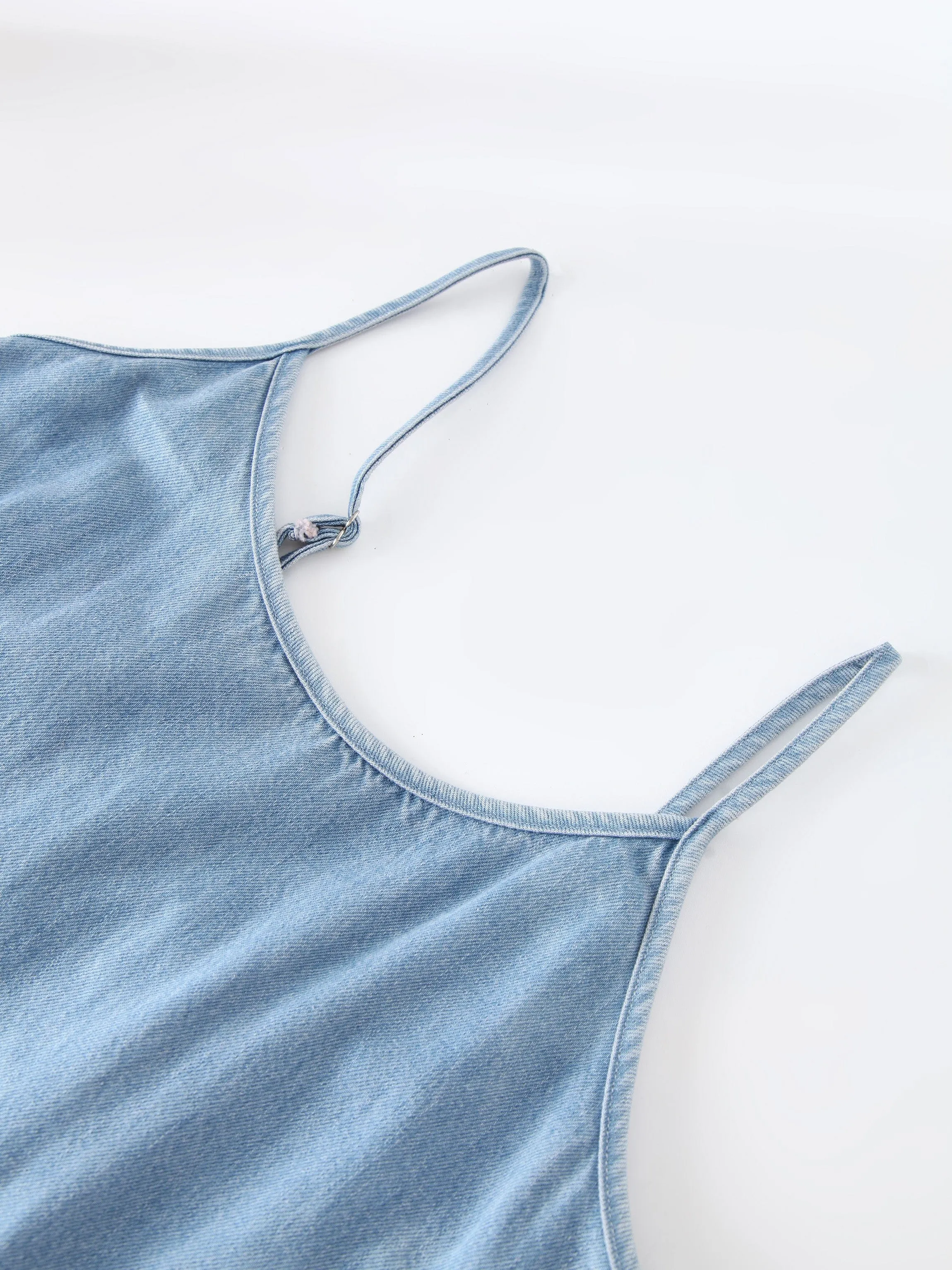 Solid Crew Neck Slip Dress-Light Blue Denim