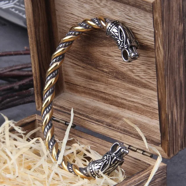 Stainless Steel Nordic Viking Norse Dragon Bracelet Men Wristband Cuff Bracelets with Viking Wooden Box