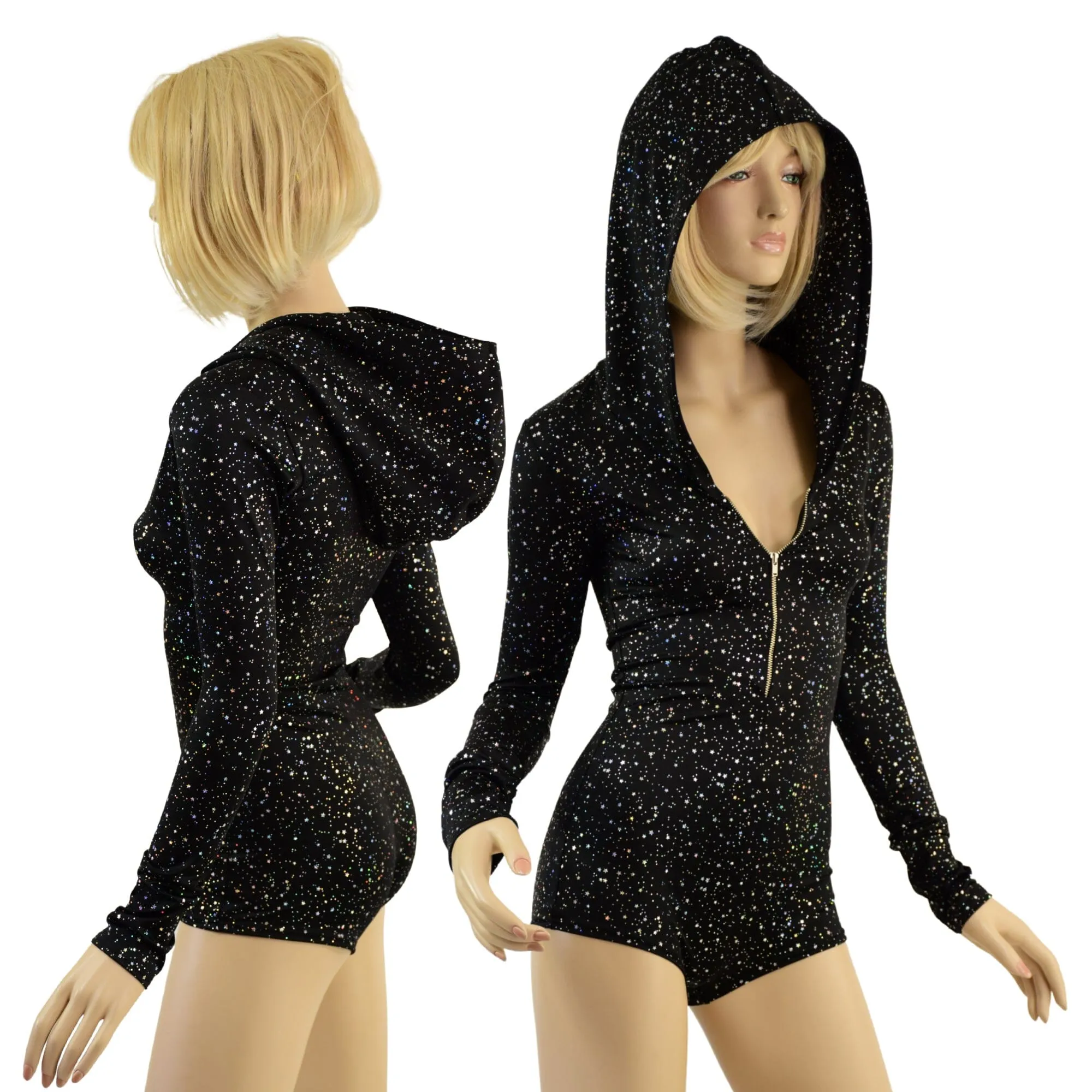 Star Noir Hooded Romper with Silver Front Zipper, Long Sleeves & Boy Cut Leg