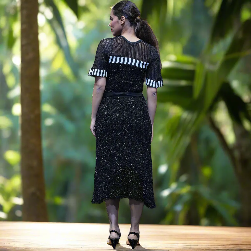 Sweater Knit Lurex Dress With Tassel Belt