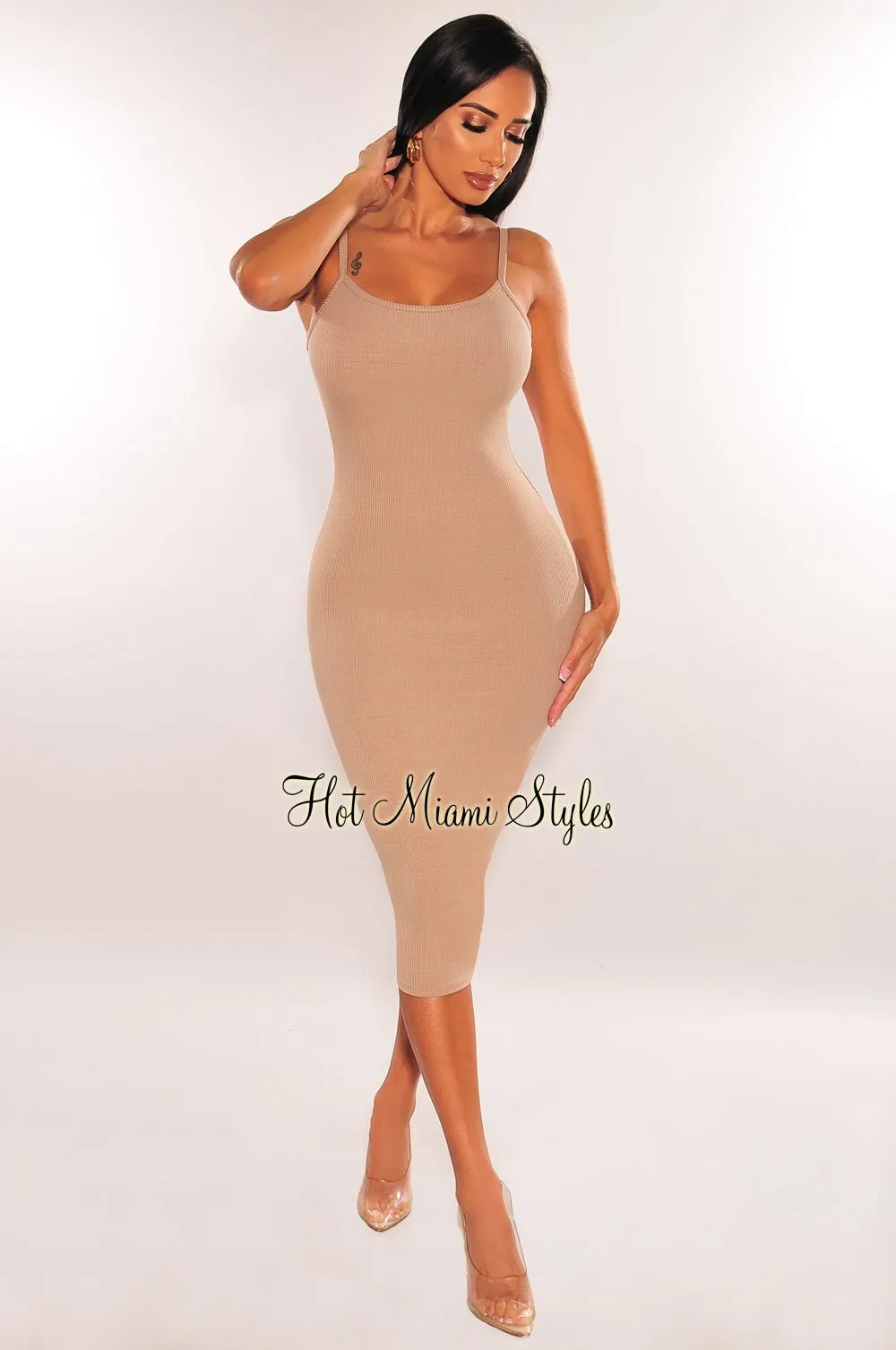 Taupe Ribbed Knit Spaghetti Straps Scoop Back Midi Dress