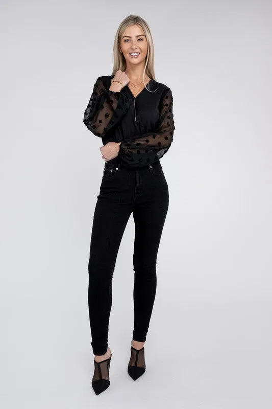 TEEK - Black V Neck Wrap Sheer Sleeves Bodysuit